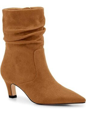 Women's Brown Slouchy Ankle Boots Low Kitten Heel Pointed Toe Booties Fall Shoes